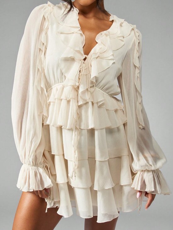MODA ME COUTURE Dresses & Skirts - White Elegant Women's Tiered Ruffle Mini Dress with Long Balloon Sleeves